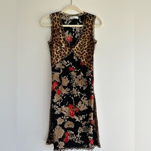 Twin- Set Animal Print and Res Roses V- Neck Tank Dress Size Small